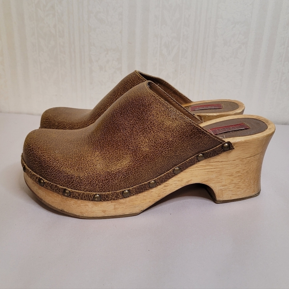 Esprit Vintage Y2K Brown Leather Wood Clogs Chunky Bratz Size 8 - Picture 2 of 10